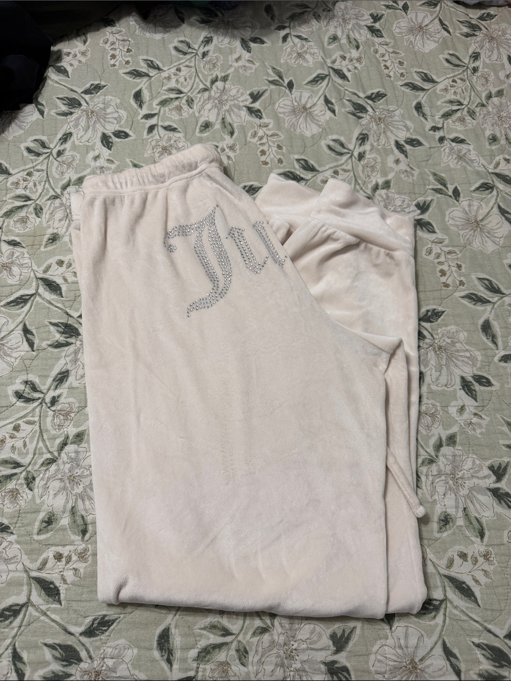 Juicy Couture Ivory Velour Rhinestone Logo Lounge Pants